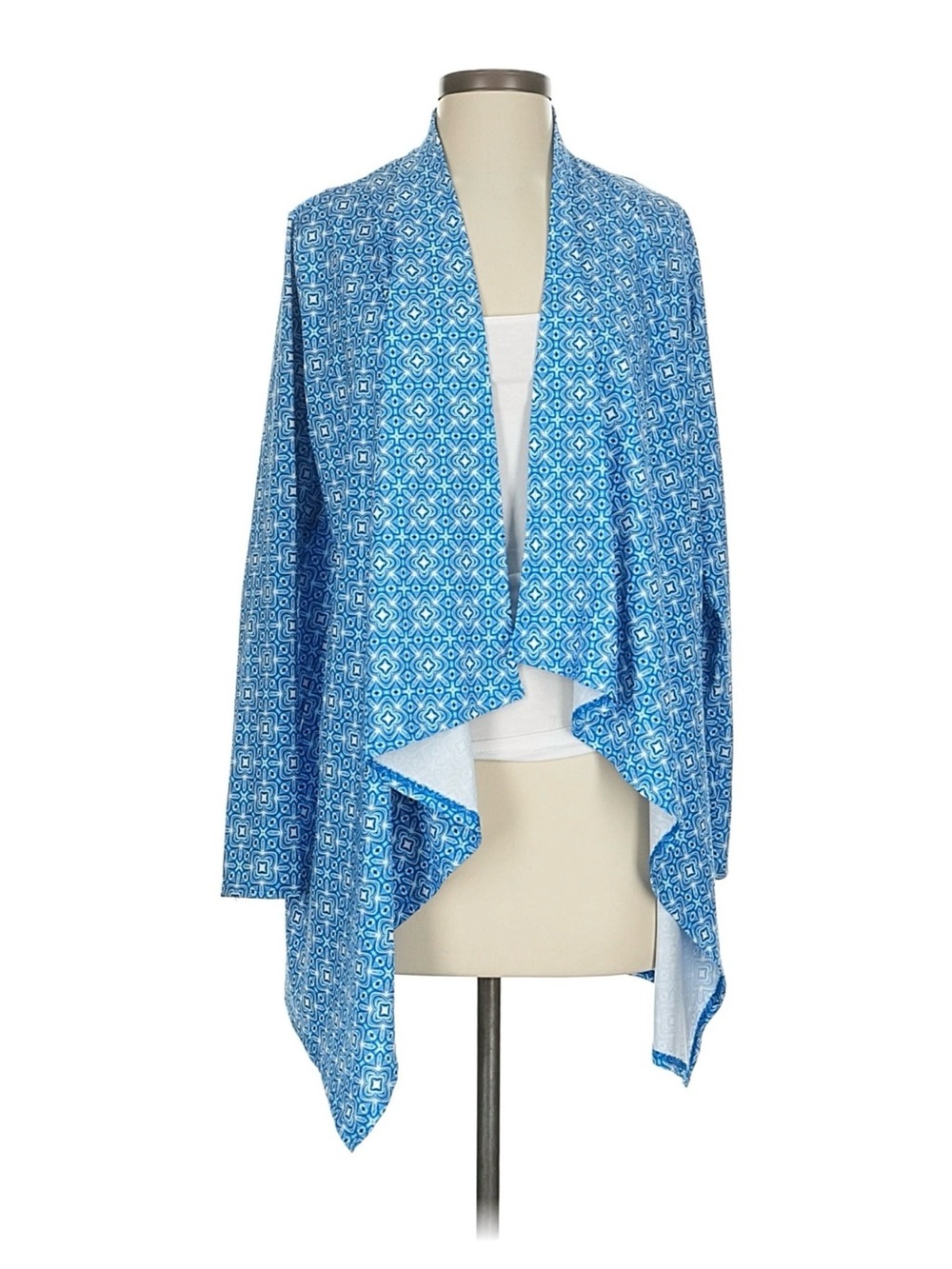 Lands’ End Open Front Swim Cover-Up Cardigan Plus Size 2X Blue Geometric UPF EUC